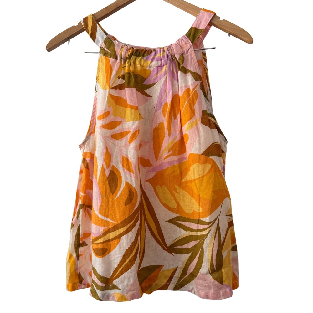 C&C California Women Small Pink Orange Tropical Floral 100% Linen Tank Top Boho